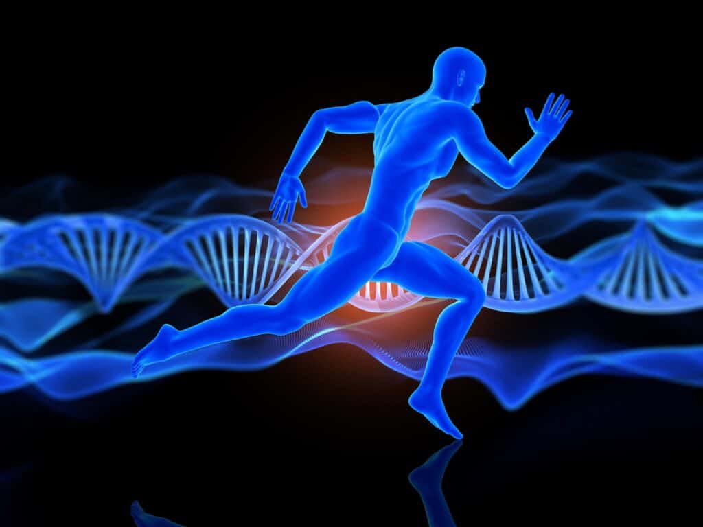 Figura humana azul corriendo junto a doble hélice de ADN que simboliza genética clínica y rendimiento deportivo.